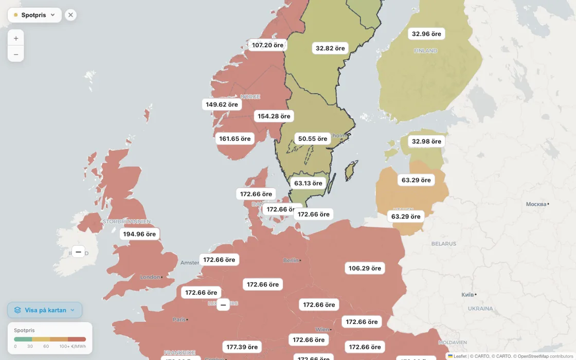 Voltinas karta över Europa med länderna färgade efter aktuellt elpris