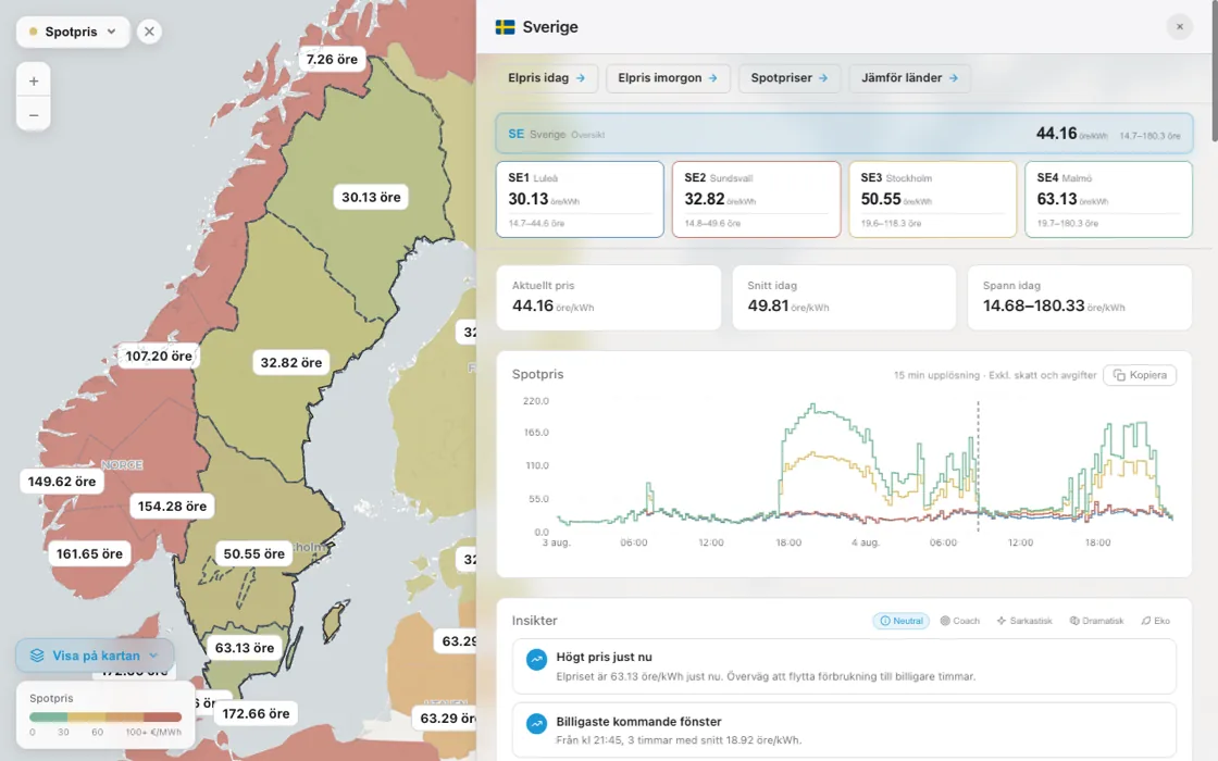 Kartvy över Sverige med elområdena SE1 till SE4 och aktuella elpriser
